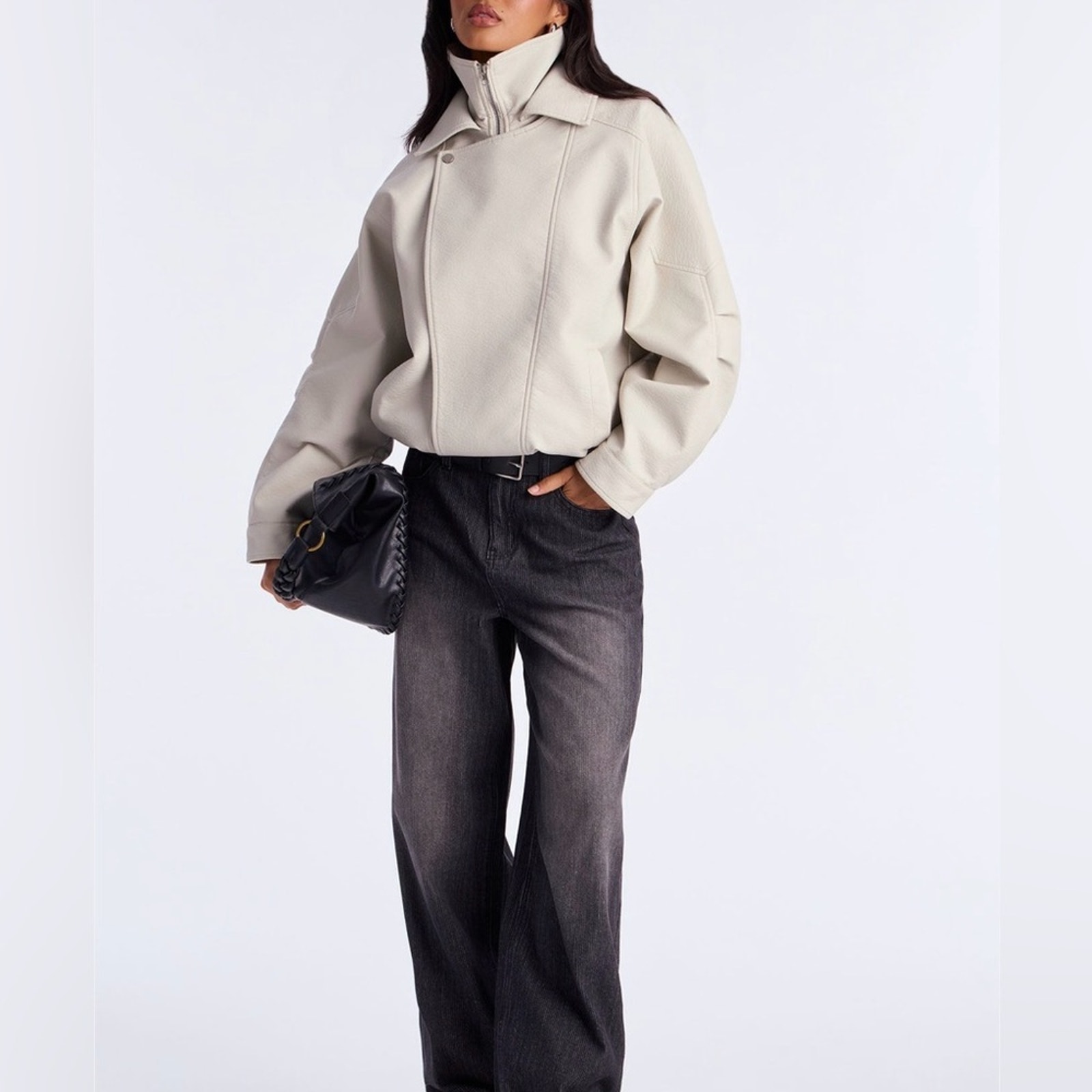 Fashion Nova Harlem Faux Leather Moto Jacket - Stone